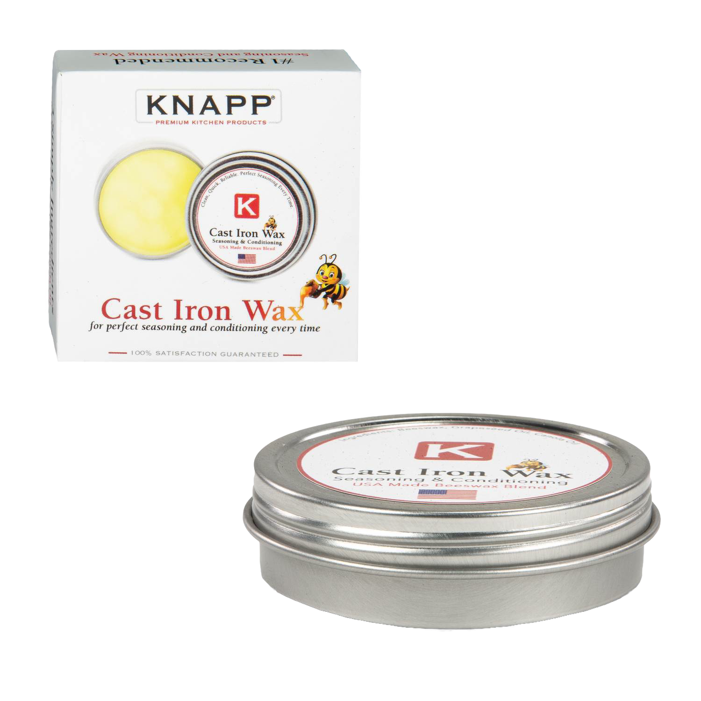 Tin of KNAPP Cast Iron Wax for Seasoning with beeswax blend in a metal container alongside its branded white packaging, suitable for Kitchen & Food, Cookware, Cast Iron, and USA Made collections.