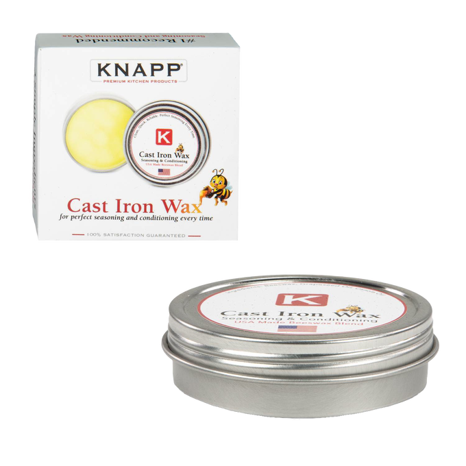 Tin of KNAPP Cast Iron Wax for Seasoning with beeswax blend in a metal container alongside its branded white packaging, suitable for Kitchen & Food, Cookware, Cast Iron, and USA Made collections.