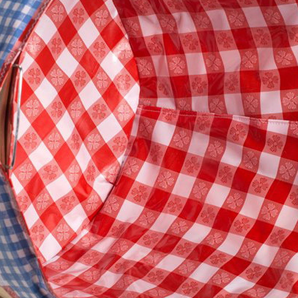 Reusable red and white checkered fabric liner with floral motifs and side openings that fit securely inside bushel baskets, handcrafted for Home & Decor and Laundry Supplies collections.