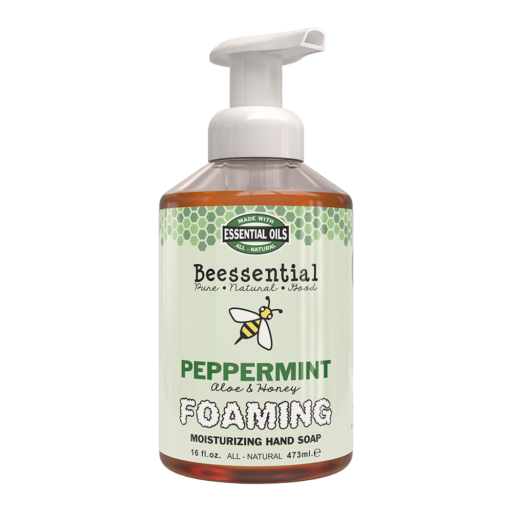 Pump bottle of handcrafted natural foaming hand soap with peppermint, aloe, and honey for moisturizing, made in the USA; perfect for Health & Wellness, Soaps, and Best Sellers collections.