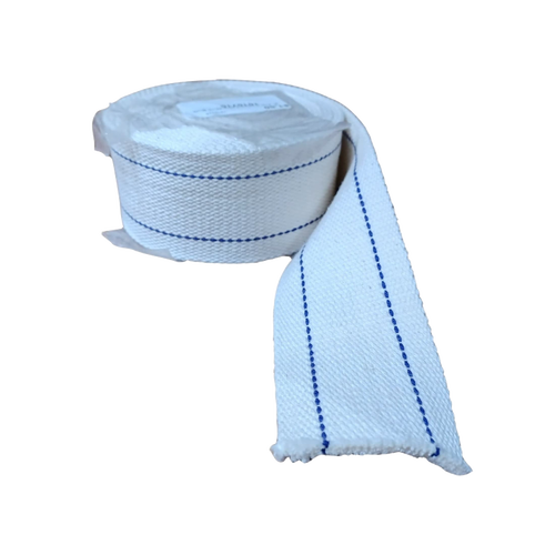 Roll of handcrafted flat cotton wick with blue stitched lines, designed for dependable fuel absorption and clean burning in oil lamps, ideal for Farm, Garden & Tool and Emergency Supplies collections.