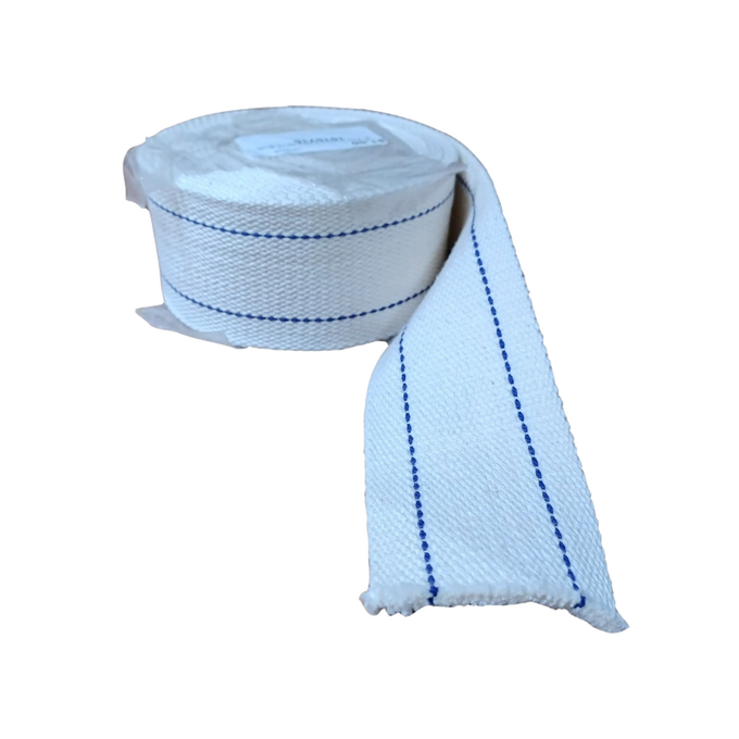 Roll of handcrafted flat cotton wick with blue stitched lines, designed for dependable fuel absorption and clean burning in oil lamps, ideal for Farm, Garden & Tool and Emergency Supplies collections.
