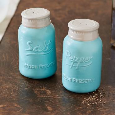 Handcrafted ceramic salt and pepper shakers in a charming mason jar style with pastel blue finish, perfect for Kitchen & Food, Dinnerware, and Kitchen Gadgets collections.