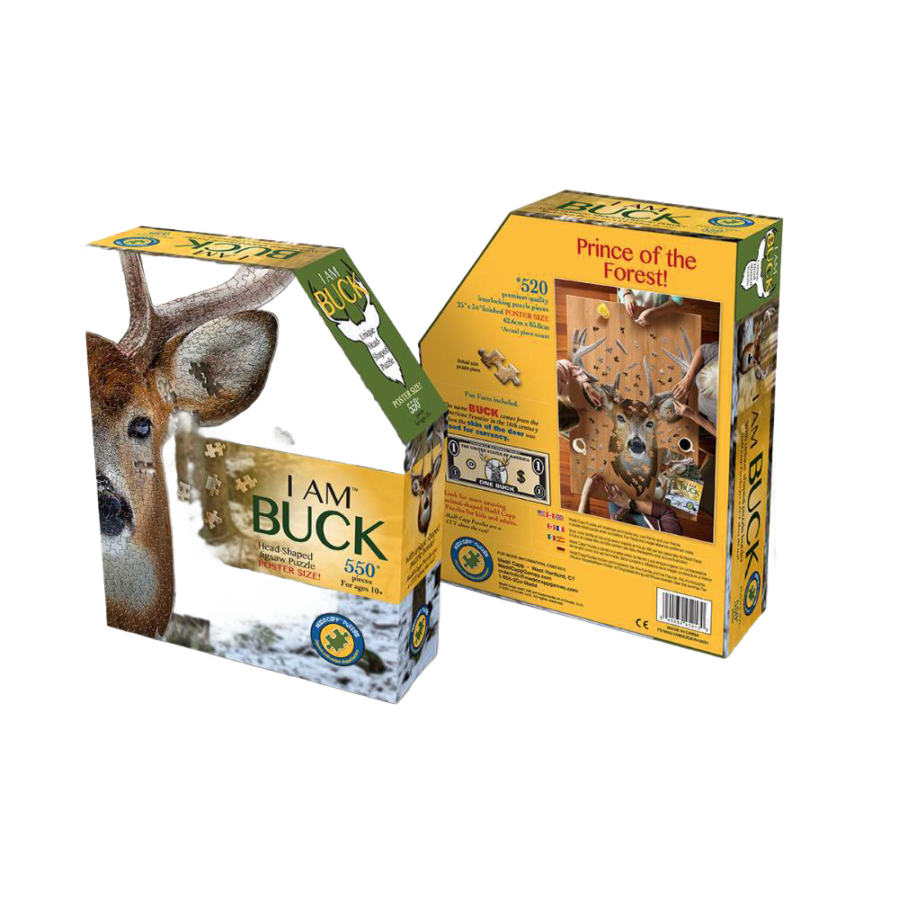 Three-dimensional packaging of a uniquely shaped buck head jigsaw puzzle with 520 pieces, featuring educational facts and designed for Toys, Books & Games, Children's Toys, and Puzzles collections.