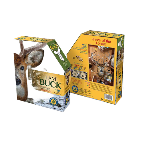 Three-dimensional packaging of a uniquely shaped buck head jigsaw puzzle with 520 pieces, featuring educational facts and designed for Toys, Books & Games, Children's Toys, and Puzzles collections.