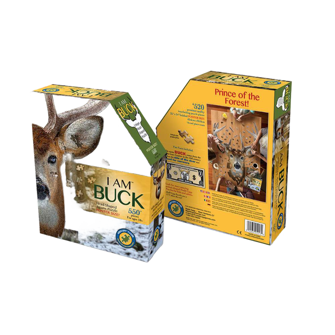 Three-dimensional packaging of a uniquely shaped buck head jigsaw puzzle with 520 pieces, featuring educational facts and designed for Toys, Books & Games, Children's Toys, and Puzzles collections.