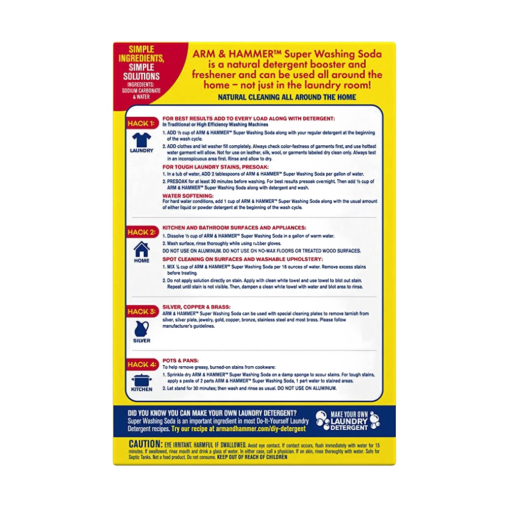 Back labeled Arm & Hammer Super Washing Soda with usage instructions for laundry, kitchen, silver care, and pots, highlighting natural cleaning and odor elimination, made in USA, ideal for Household Cleaning, Laundry Supplies, and Best Sellers collections.