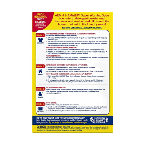 Back labeled Arm & Hammer Super Washing Soda with usage instructions for laundry, kitchen, silver care, and pots, highlighting natural cleaning and odor elimination, made in USA, ideal for Household Cleaning, Laundry Supplies, and Best Sellers collections.