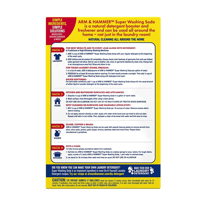 Back labeled Arm & Hammer Super Washing Soda with usage instructions for laundry, kitchen, silver care, and pots, highlighting natural cleaning and odor elimination, made in USA, ideal for Household Cleaning, Laundry Supplies, and Best Sellers collections.