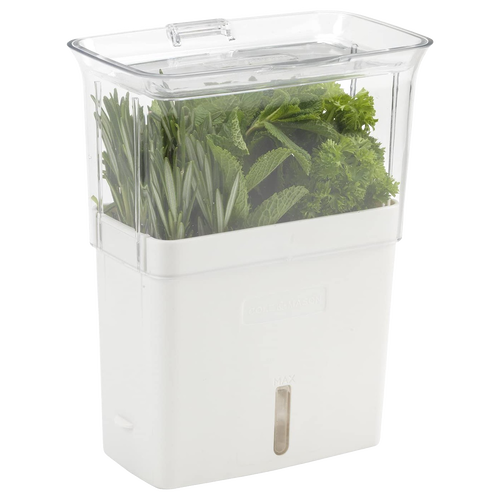 Compact herb keeper with clear top and white base featuring three removable dividers, built-in air vents, and refill window, designed to extend freshness in Kitchen & Food and Kitchen Gadgets collections.