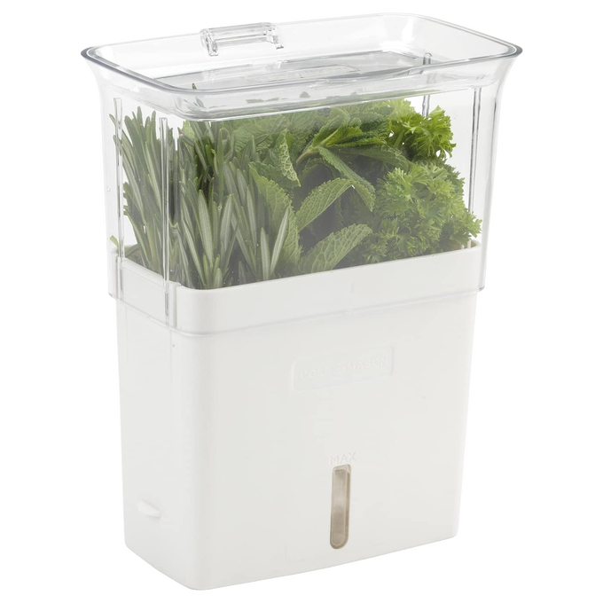 Compact herb keeper with clear top and white base featuring three removable dividers, built-in air vents, and refill window, designed to extend freshness in Kitchen & Food and Kitchen Gadgets collections.
