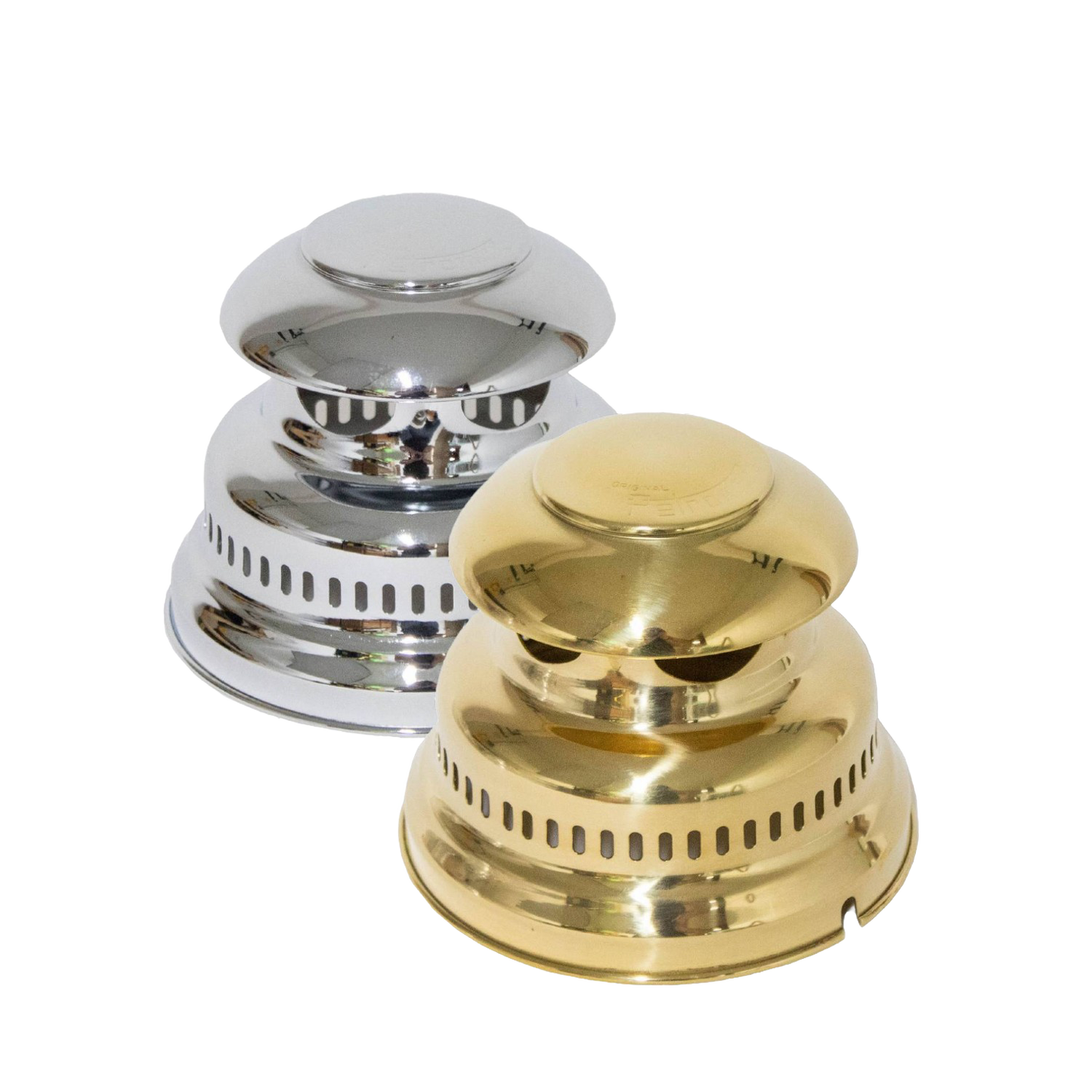 Set of polished brass and chrome lamp hoods designed for Petromax HK350 and HK500 models, featuring ventilation holes and crafted for Lamps & Lighting, Parts and Accessories collections.