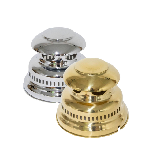 Set of polished brass and chrome lamp hoods designed for Petromax HK350 and HK500 models, featuring ventilation holes and crafted for Lamps & Lighting, Parts and Accessories collections.