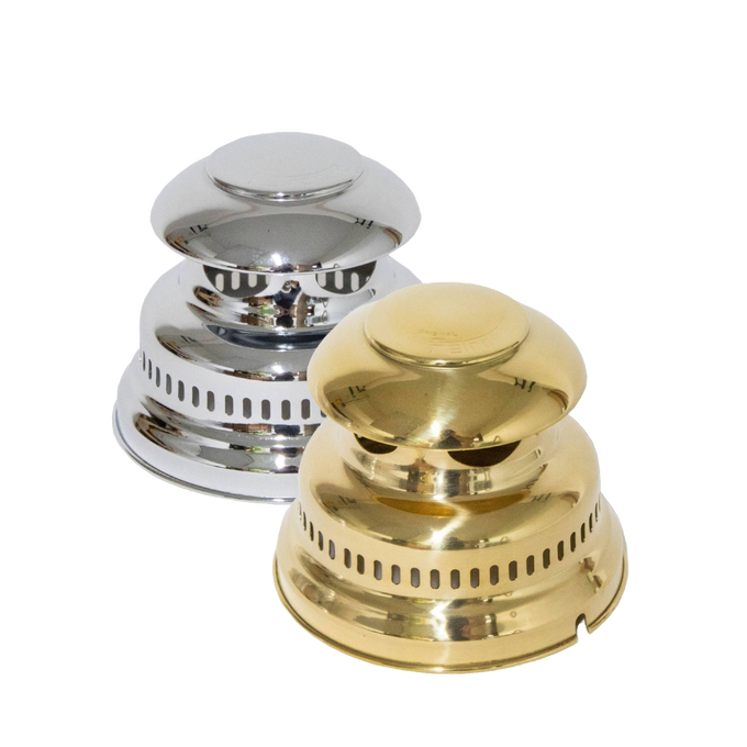 Set of polished brass and chrome lamp hoods designed for Petromax HK350 and HK500 models, featuring ventilation holes and crafted for Lamps & Lighting, Parts and Accessories collections.