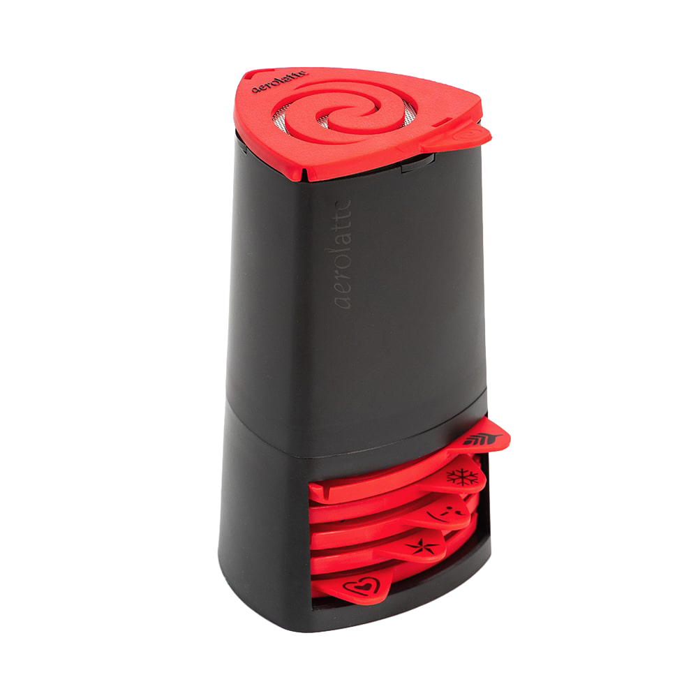 Black and red Kitchen & Food gadget with six interchangeable pattern stencils for decorating cappuccinos, featured in Brewing Coffee and Tea, Kitchen Accessories, and Best Sellers collections.