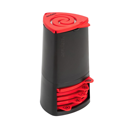 Black and red Kitchen & Food gadget with six interchangeable pattern stencils for decorating cappuccinos, featured in Brewing Coffee and Tea, Kitchen Accessories, and Best Sellers collections.