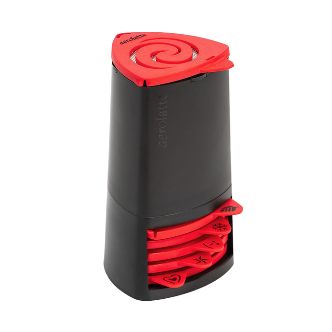Black and red Kitchen & Food gadget with six interchangeable pattern stencils for decorating cappuccinos, featured in Brewing Coffee and Tea, Kitchen Accessories, and Best Sellers collections.