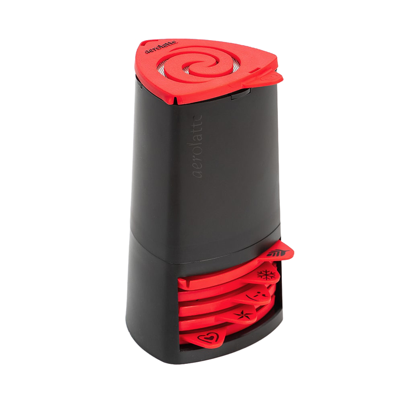 Black and red Kitchen & Food gadget with six interchangeable pattern stencils for decorating cappuccinos, featured in Brewing Coffee and Tea, Kitchen Accessories, and Best Sellers collections.