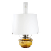 Amber glass oil lamp with a white parchment shade and metal tripod stand, bright enough for reading, featured in Farm, Garden & Tool, Lamps & Lighting, and Emergency Supplies collections.