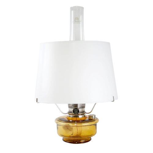 Amber glass oil lamp with a white parchment shade and metal tripod stand, bright enough for reading, featured in Farm, Garden & Tool, Lamps & Lighting, and Emergency Supplies collections.