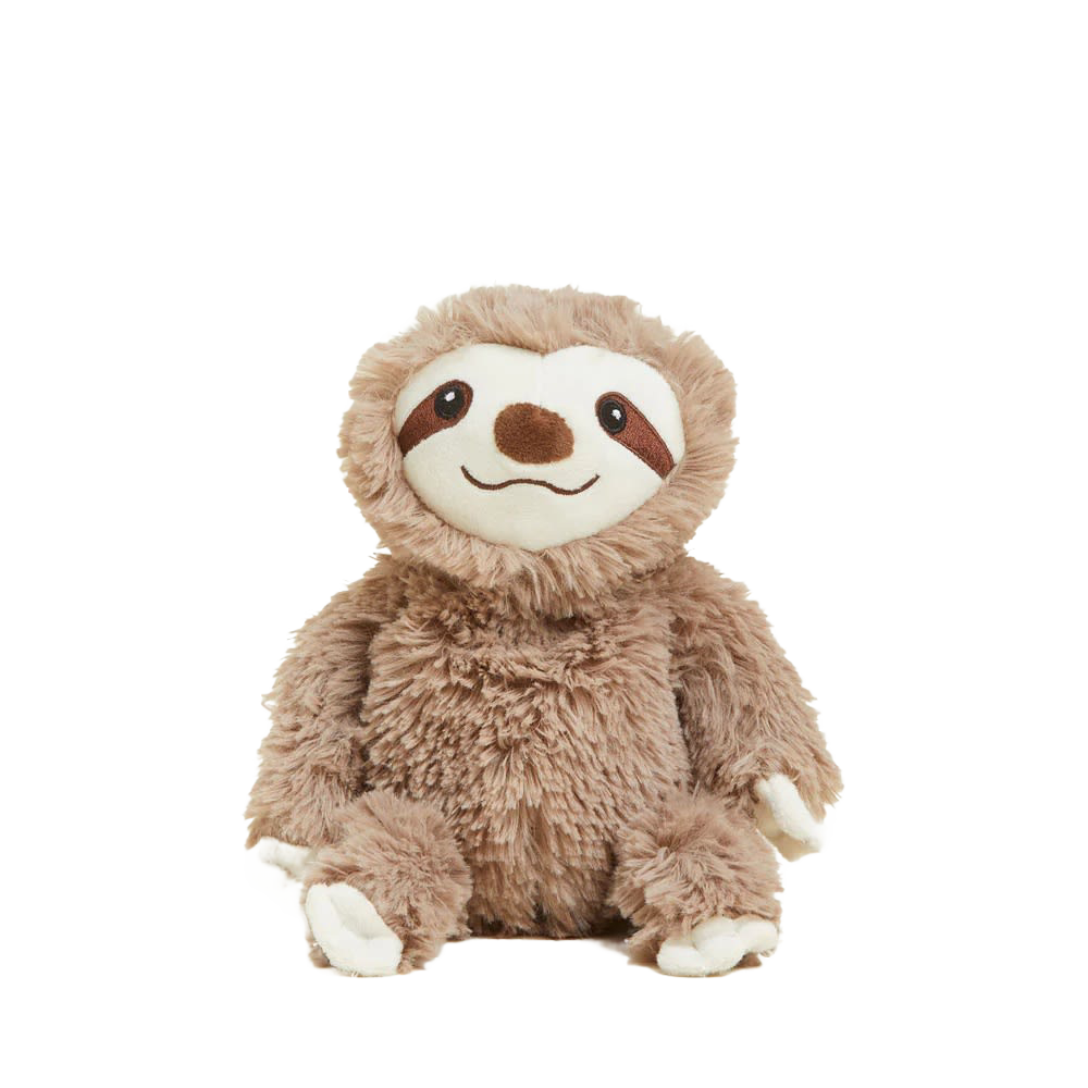 Soft and cuddly weighted plush sloth with light brown fur, microwaveable for soothing warmth, enhanced with dried French lavender scent, ideal for Health & Wellness and Children's Toys collections.