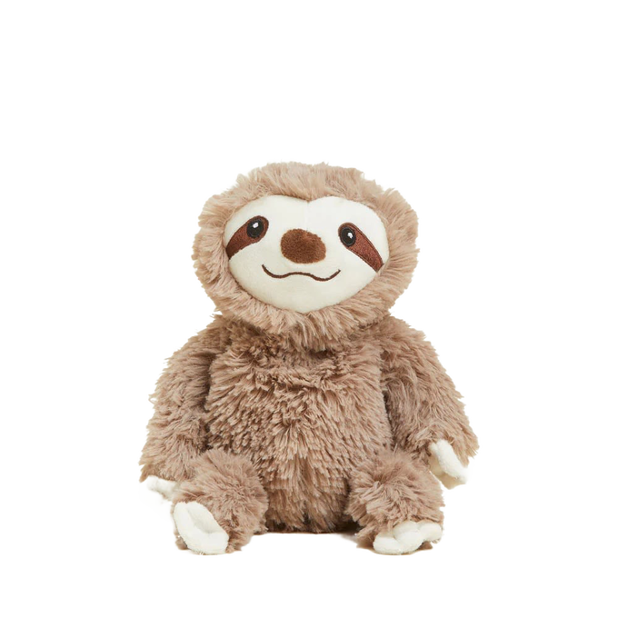 Soft and cuddly weighted plush sloth with light brown fur, microwaveable for soothing warmth, enhanced with dried French lavender scent, ideal for Health & Wellness and Children's Toys collections.