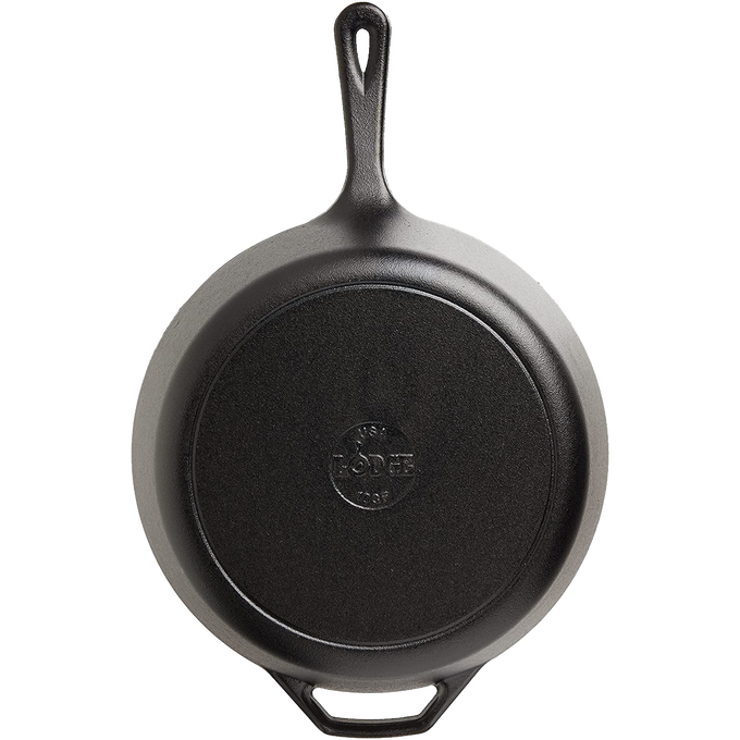 Pre-seasoned deep cast iron skillet with a practical handle and sturdy helper grip, designed for even heat retention and versatile use in Kitchen & Food, Cookware, Cast Iron, and Best Sellers collections.