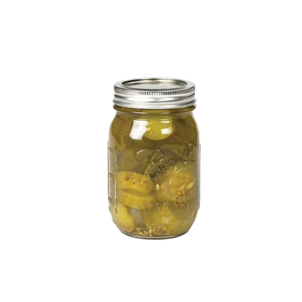 Clear glass regular-mouth canning jar with metal lid, filled with preserved sliced pickles, suitable for Kitchen & Food, Food Preservation, Canning, USA Made, and Best Sellers collections.