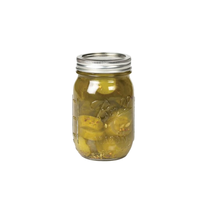 Clear glass regular-mouth canning jar with metal lid, filled with preserved sliced pickles, suitable for Kitchen & Food, Food Preservation, Canning, USA Made, and Best Sellers collections.