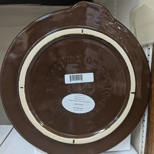 Handcrafted dark brown stoneware cover with cream-colored inner rim, made in USA, designed for kitchen food preservation and fermenting in crock collections.
