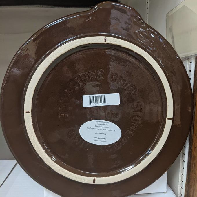 Handcrafted dark brown stoneware cover with cream-colored inner rim, made in USA, designed for kitchen food preservation and fermenting in crock collections.