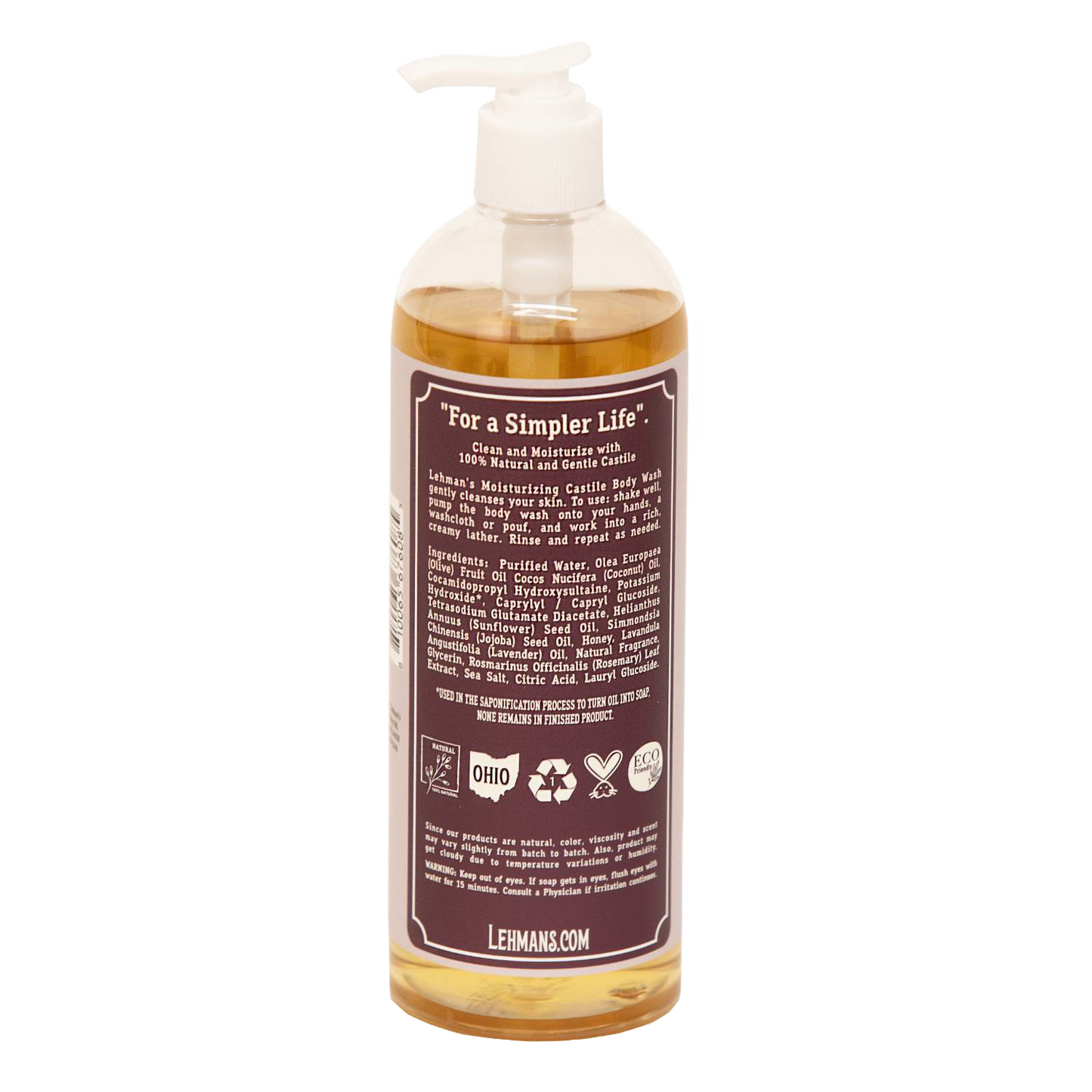 Bottle of handcrafted moisturizing Castile body wash made in USA with natural plant-based oils including olive and jojoba, featured in Health & Wellness and Grooming collections.