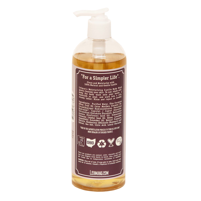 Bottle of handcrafted moisturizing Castile body wash made in USA with natural plant-based oils including olive and jojoba, featured in Health & Wellness and Grooming collections.