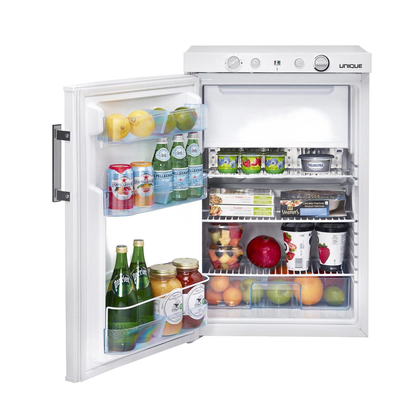 Handcrafted compact white portable gas refrigerator with 3-way propane, 12V, and 110V operation; spacious interior holds beverages and food, ideal for Farm, Garden & Tool and Appliances collections.