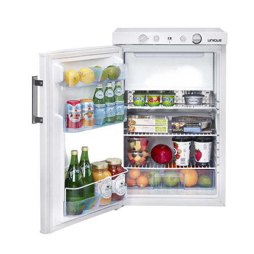 Handcrafted compact white portable gas refrigerator with 3-way propane, 12V, and 110V operation; spacious interior holds beverages and food, ideal for Farm, Garden & Tool and Appliances collections.