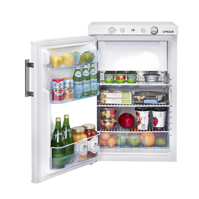 Handcrafted compact white portable gas refrigerator with 3-way propane, 12V, and 110V operation; spacious interior holds beverages and food, ideal for Farm, Garden & Tool and Appliances collections.