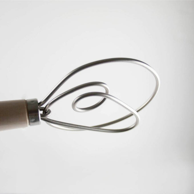 Handcrafted Old Country Dough Whisk with a smooth wooden handle and two sturdy spiral stainless steel wires, Amish made in USA, ideal for Kitchen & Food, Baking Supplies, and Cookware collections.
