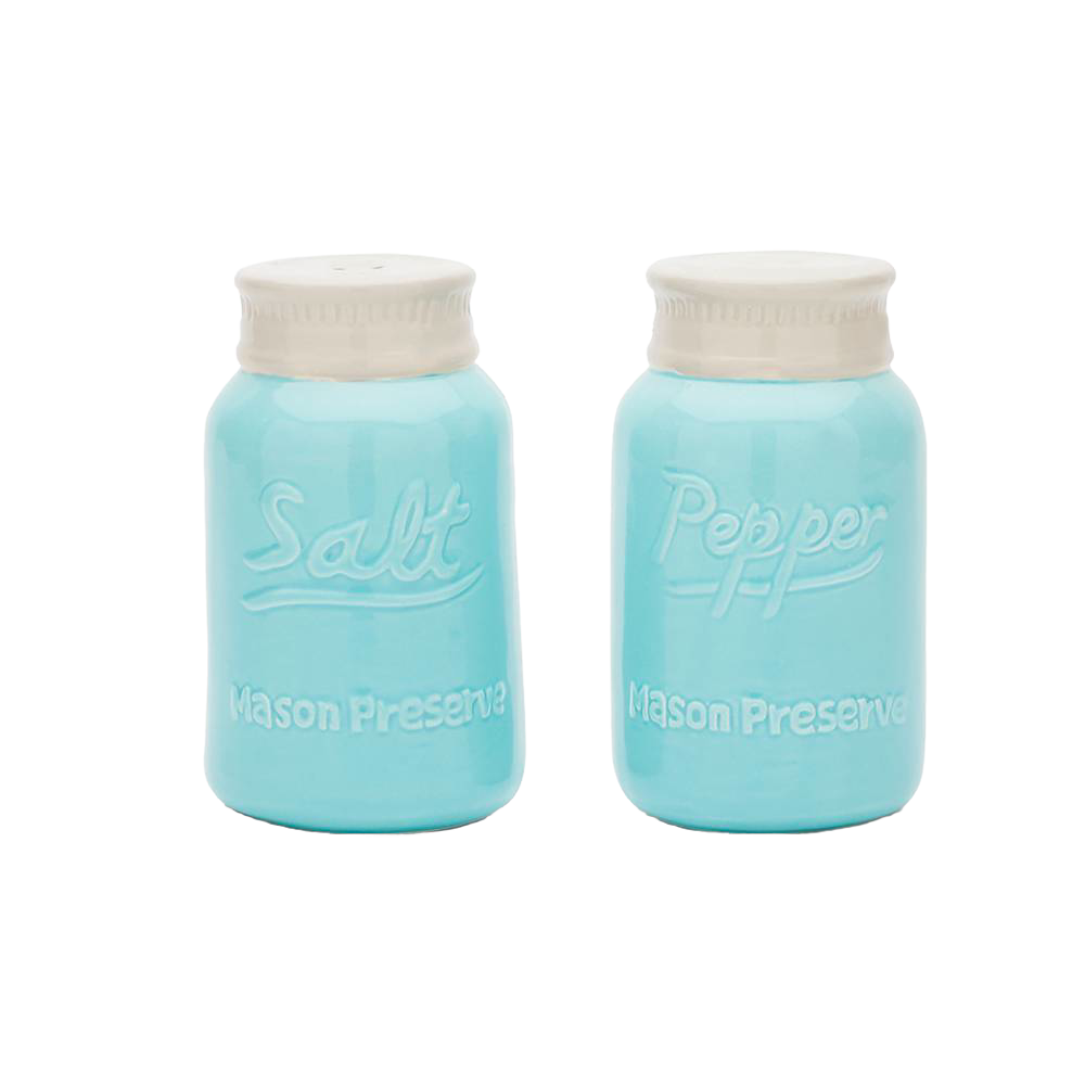 Set of handcrafted ceramic salt and pepper shakers with a mason jar design in blue, ideal for Kitchen & Food, Dinnerware, and Kitchen Accessories collections.