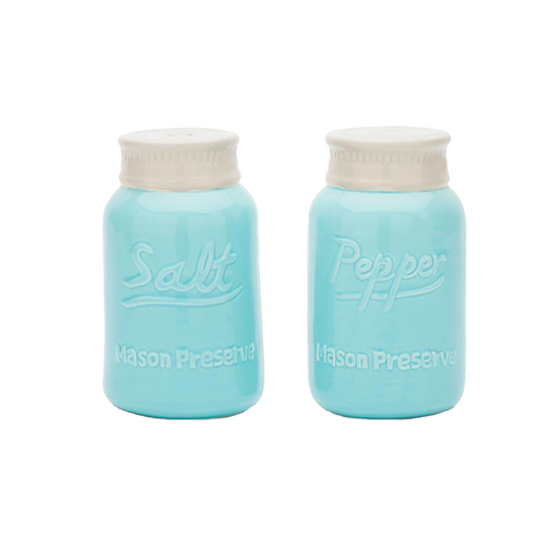 Set of handcrafted ceramic salt and pepper shakers with a mason jar design in blue, ideal for Kitchen & Food, Dinnerware, and Kitchen Accessories collections.
