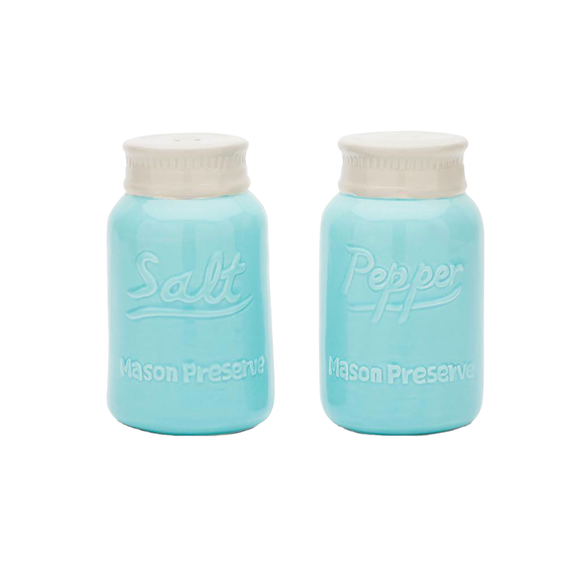 Set of handcrafted ceramic salt and pepper shakers with a mason jar design in blue, ideal for Kitchen & Food, Dinnerware, and Kitchen Accessories collections.