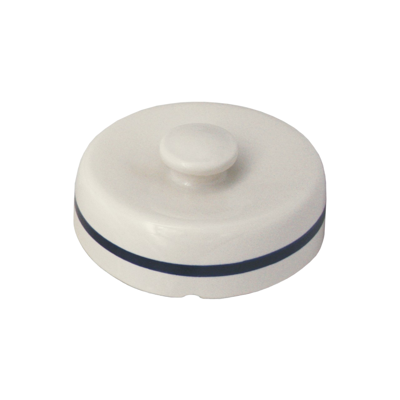 Handcrafted lid for a striped European-style fermenting crock, made of natural stoneware with classic blue stripe, food-safe and crafted in the USA, ideal for food preservation.