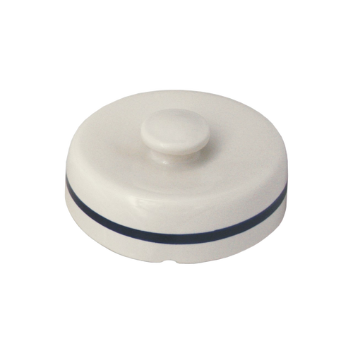Handcrafted lid for a striped European-style fermenting crock, made of natural stoneware with classic blue stripe, food-safe and crafted in the USA, ideal for food preservation.