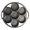 Round cast iron mini cake pan with seven cavities, featuring dual side handles for easy handling, made in USA, ideal for Kitchen & Food, Cast Iron, Baking Supplies, and Best Sellers collections.