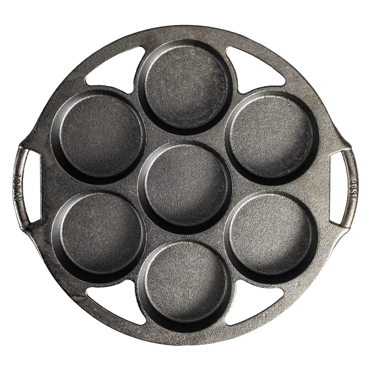 Round cast iron mini cake pan with seven cavities, featuring dual side handles for easy handling, made in USA, ideal for Kitchen & Food, Cast Iron, Baking Supplies, and Best Sellers collections.