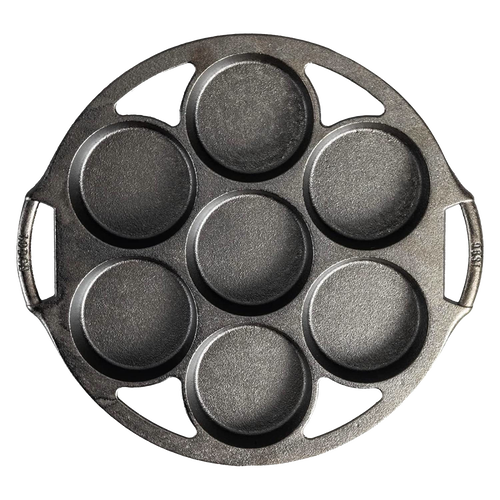 Round cast iron mini cake pan with seven cavities, featuring dual side handles for easy handling, made in USA, ideal for Kitchen & Food, Cast Iron, Baking Supplies, and Best Sellers collections.