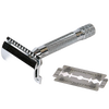Handcrafted chrome-plated safety razor with textured grip, designed for easy blade replacement and precise shaving, featured in Health & Wellness and Grooming collections.