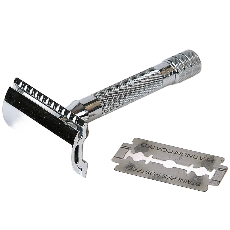 Handcrafted chrome-plated safety razor with textured grip, designed for easy blade replacement and precise shaving, featured in Health & Wellness and Grooming collections.