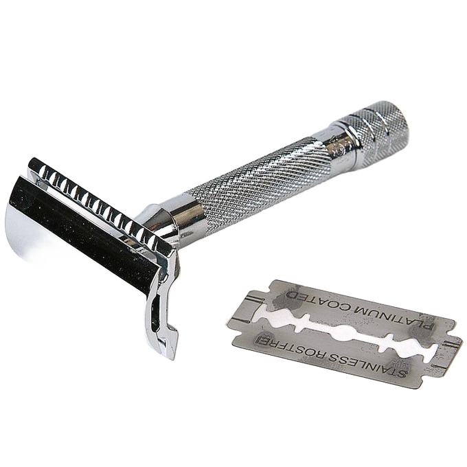 Handcrafted chrome-plated safety razor with textured grip, designed for easy blade replacement and precise shaving, featured in Health & Wellness and Grooming collections.