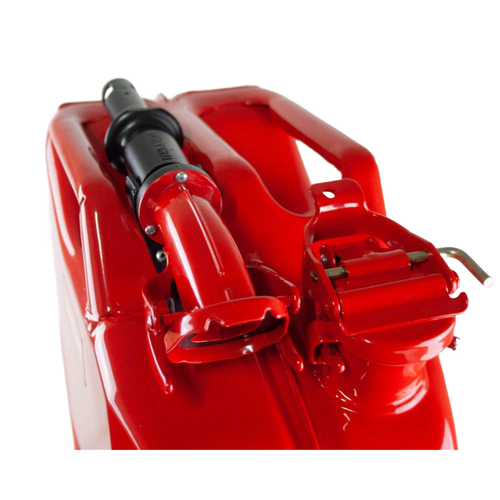 Heavy-duty red steel fuel can with a safety spout and adapter, designed for dependable use in farm, garden, emergency supplies, and best seller collections.