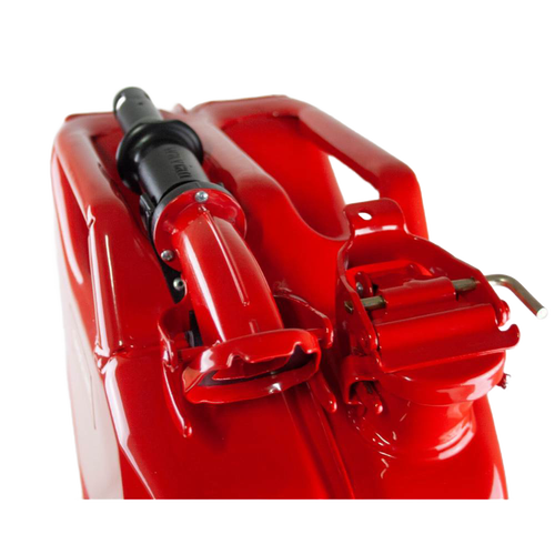 Heavy-duty red steel fuel can with a safety spout and adapter, designed for dependable use in farm, garden, emergency supplies, and best seller collections.